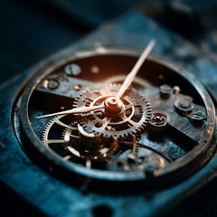 Intricate close-up of antique clockwork mechanism with golden gears and hands, showing the detailed internal workings of a vintage timepiece with a dark, moody atmosphere Keywords: clockwork