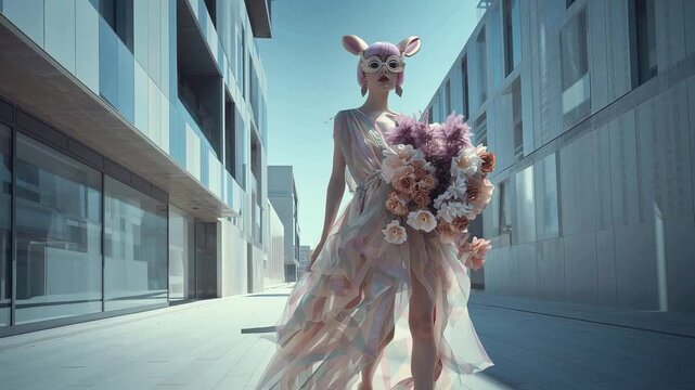 Stylish woman in bunny mask with floral bouquet walking in modern city &mdash; Easter fashion concept