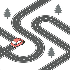 Isometric Winding Road with Red Car and Pine Trees Illustration.