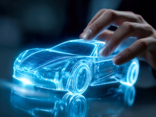 Futuristic digital concept of a sleek sports car with holographic technology and glowing blue neon accents
