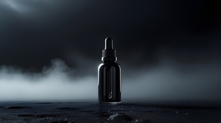 Cinematic Black Glass Dropper Bottle in Ominous Foggy Darkness
