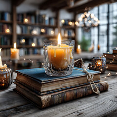 A warm glowing candle in a textured glass holder sits atop a stack of antique leather-bound books on a rustic wooden table, with a blurred background of a cozy library filled with bookshelves and