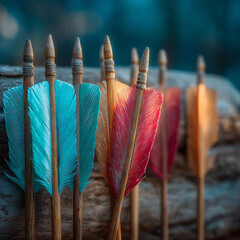 A close-up shot of several fletched arrows with wooden shafts and brightly colored feathers in shades of turquoise, red, and orange, arranged in a row against a softly blurred natural background