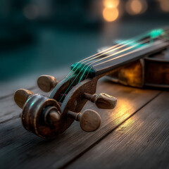 A detailed close-up of a vintage wooden violin resting on a weathered wooden surface, with its scroll and tuning pegs prominently featured, illuminated by warm, soft light that highlights the