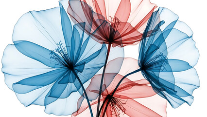 Transparent blue and red flowers with delicate petals on white background  