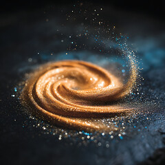 Swirling golden glitter dust particles forming a spiral vortex with scattered blue and white bokeh lights on a dark textured background, abstract cosmic motion effect. Keywords: glitter, gold