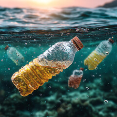 Plastic bottles filled with yellow and brown liquid floating underwater amidst debris and bubbles, illustrating ocean pollution and environmental damage in a clear blue sea. Keywords: plastic