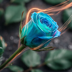 A vibrant turquoise rose with glowing orange light trails swirling around its petals and stem, set against a softly blurred background of green leaves and dark ground. Keywords: rose, flower