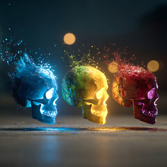 Three human skulls in profile, illuminated by vibrant blue, yellow-green, and red light, with colorful liquid splashes erupting from their tops against a dark, blurred background. Keywords: skull