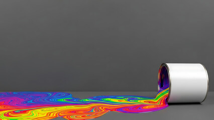 Colorful paint flowing from an overturned can on grey background  