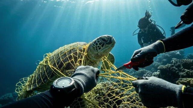 Cinematic slow motion footage of heroic divers rescuing a sea turtle entangled in a yellow ghost fishing net underwater, highlighting ocean plastic pollution and marine conservation.