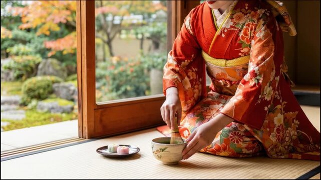 Slow motion footage of a young Japanese woman in a traditional red kimono performing a tea ceremony with matcha and bamboo whisk in a peaceful zen garden setting during autumn.