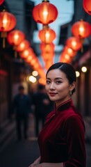 Elegant Asian Woman in Red Qipao Under Glowing Chinese Lanterns at Night