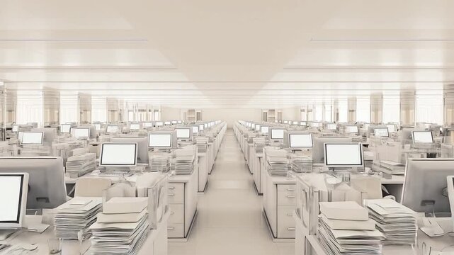 Futuristic empty office with self-operating computers &mdash; concept of automation and artificial intelligence