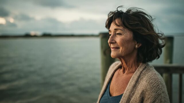 Mature couple enjoying peaceful moment. Senior woman looks thoughtfully at sea. Calm retirement lifestyle, enjoying waterfront view. Loving companionship, relaxed atmosphere. Golden years together.