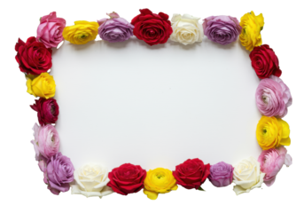 Photorealistic flat lay of vibrant roses and ranunculus, dew-kissed, with green leaves, artfully arranged on transparent background with central copy space, soft natural light, fresh spring elegance