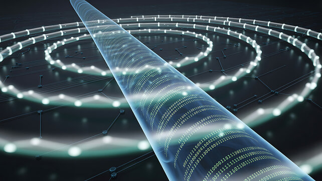 Abstract depiction of a fiber optic cable transmitting digital data as binary code, surrounded by glowing circular network connections, symbolizing fast and efficient data transfer - Powered by Adobe