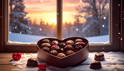 Heart-shaped chocolates sit by a snowy window, a golden sunset glows beyond the frosted glass
