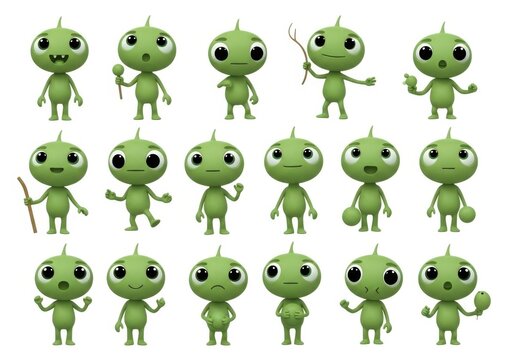 Cute green alien characters with different poses and expressions isolated on white background