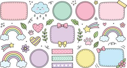 Colorful pastel sticker set with rainbows hearts and bows on white background for kids' projects