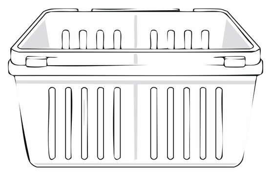 Simple black and white line art illustration of an empty vented plastic produce container