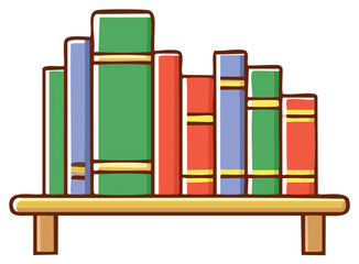 Colorful cartoon books standing upright arranged neatly on a wooden shelf flat illustration