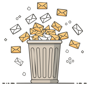 Cartoon trash bin overflowing with mail. Concept of email overload and spam.