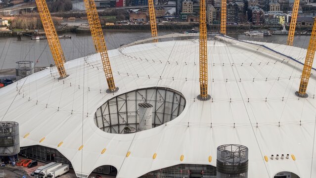 LONDON, UK - JANUARY 07, 2026 - O2 Arena's iconic white tensile fabric roof with yellow support masts