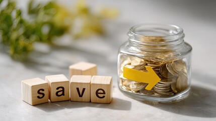 Wooden cubes show the word save with an upward arrow, next to a jar of coins and a small plant, placed on a wooden table