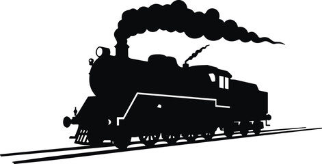 Black silhouette of a vintage steam locomotive train on tracks with smoke, antique railway transportation icon, classic engine vector illustration, © Shihab Creative