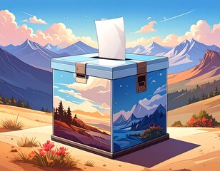 Illustrated ballot box with landscape sides, document inserted, mountainous background, pink flowers, bright light