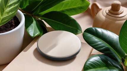 A white circle is surrounded by green leaves on a beige background with space for text or graphics in a simple layout