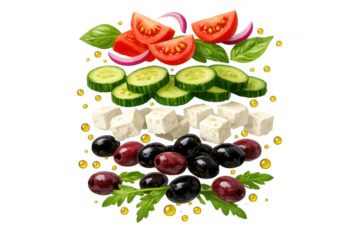 Greek salad ingredients isolated on transparent background close up.