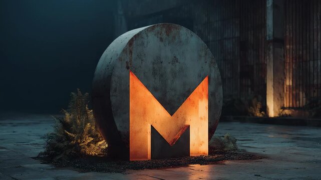 Illuminated Geometric Letter 'M' Sculpture in Nighttime Urban Garden, Modern Art, Minimalist Design, Dramatic Lighting, Conceptual Photography.