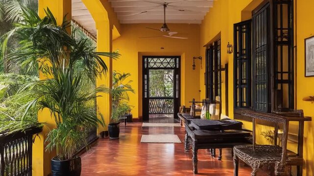 A vibrant, sunny veranda with yellow walls, dark accents, and lush greenery, plants and fans