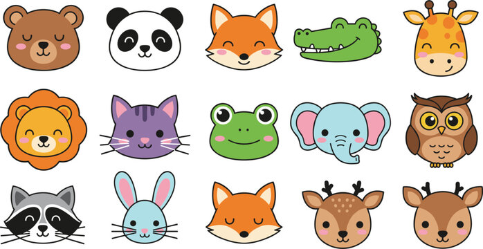 Cute cartoon animal faces collection featuring bear panda fox crocodile giraffe lion cat frog elephant owl raccoon and rabbit stickers