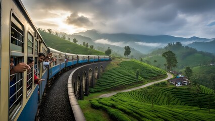 Scenic landscape of a blue train traveling on an arched stone viaduct through verdant green hills, misty mountains, and a winding road under a moody cloudy sky, symbolizing journey and nature.