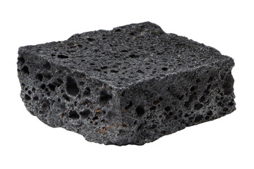 Dark volcanic rock slab with porous texture, macro stone surface full of tiny holes and rugged edges with matte mineral detail, isolated on transparent background.
