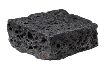 Dark volcanic rock slab with porous texture, macro stone surface full of tiny holes and rugged edges with matte mineral detail, isolated on transparent background.
