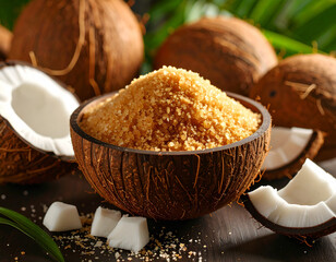 Coconut sugar with cubes and whole coconuts on natural background