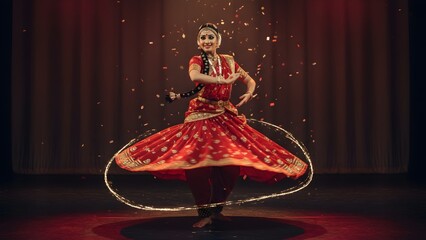 Elegant young Indian woman in flowing red traditional dress spinning dynamically with a hula hoop, surrounded by sparkling effects on a dark theatrical background, capturing cultural dance grace.