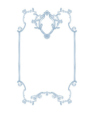 Vintage frame. Baroque frame for сlassic wedding invitation decor, greeting card, book cover, and save the date. Whimsical Victorian frame, ornate with linear hand drawn acanthus leaves and florals.