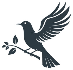Obraz premium Elegant bird silhouette with open wings perched on a leafy branch vector icon