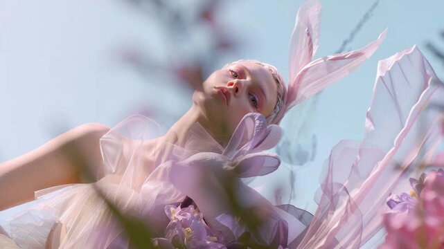 Glamorous low-angle shot of a fashion woman wearing translucent pink fabrics and bunny ears, holding a  rabbit figure. Surreal Easter concept 