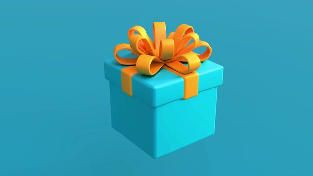 Cartoon gift box with ribbon bow on blue background 3d 4k motion graphics animation video loop. Seamless looped animated icon. Birthday, Christmas holiday present. Sale promo.