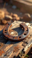 Rusty horseshoe lays atop aged wood, backdropped by earth and stones in a sunlit outdoor setting
