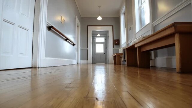 Medium shot of an accessible hallway in a multifamily home equipped with wide doorways smooth flooring and supportive handrails promoting ease of movement for all residents.