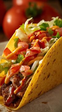 Delicious taco with meat lettuce tomato and sauce on a plate closeup view