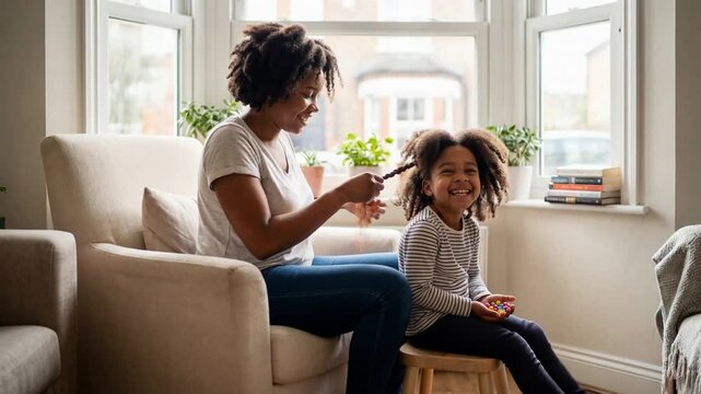 African american mother braiding her daughter's natural afro hair at home, enjoying a moment of connection