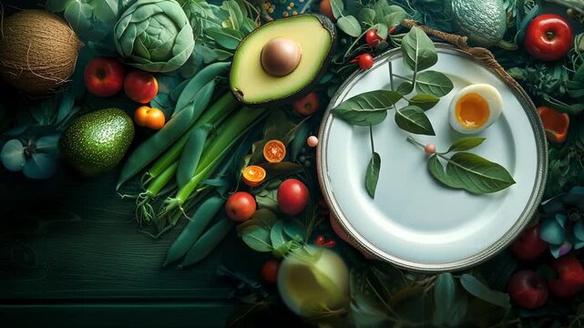 Artistic top-down video showing a clean white plate surrounded by fresh vegetables, avocado, tomatoes, greens, and a soft-boiled egg. Ingredients slowly move and arrange themselves on the plate